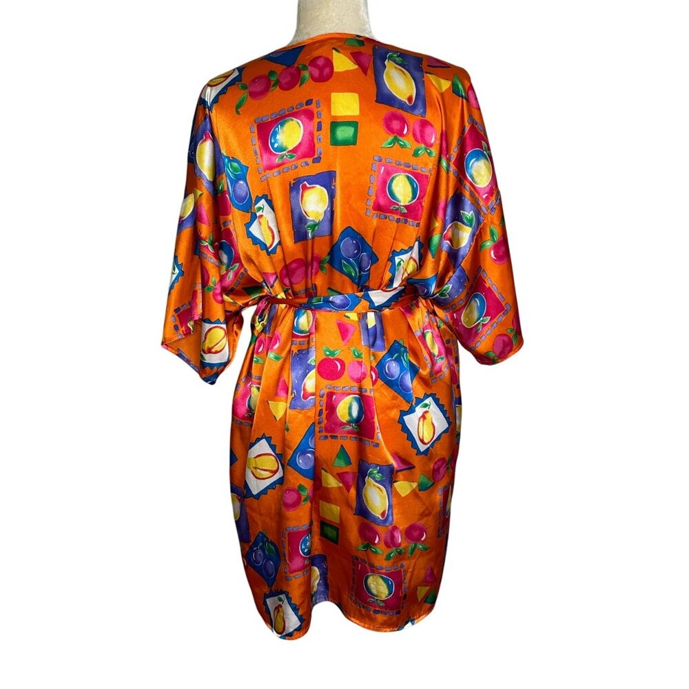 Vintage Vassarette Robe Size Large Kimono Fruit Colorful Orange Satin 90s Retro - Picture 3 of 9